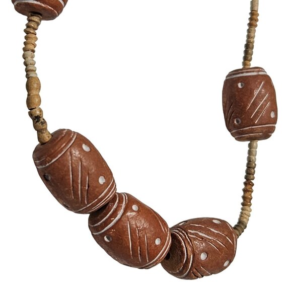 Handcrafted Boho Terracotta Necklace Bracelet Earrings Set Wooden Jewelry - Picture 6 of 10